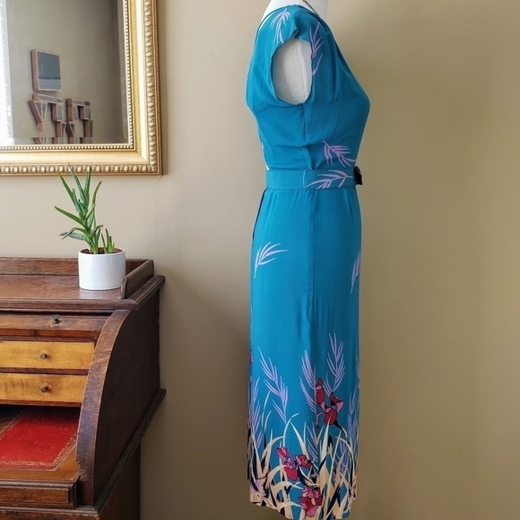 Vintage Turquoise Bird Iris Strapy Back Sheath Midi Dress Cap Sleeve Size Small - Picture 9 of 13
